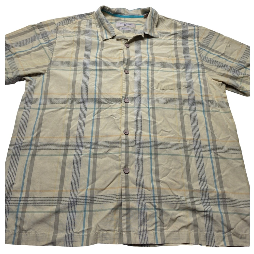 Tommy Bahama Mens XL Silk Blend Plaid Short Sleeve Button Up Shirt Yellow Blue